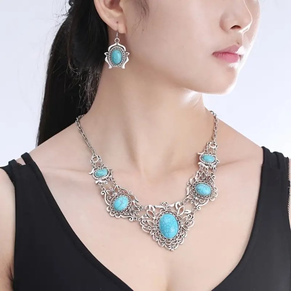 Bohemia Vintage Turquoise Necklace Earrings Jewelry Set Elegant Party Gift